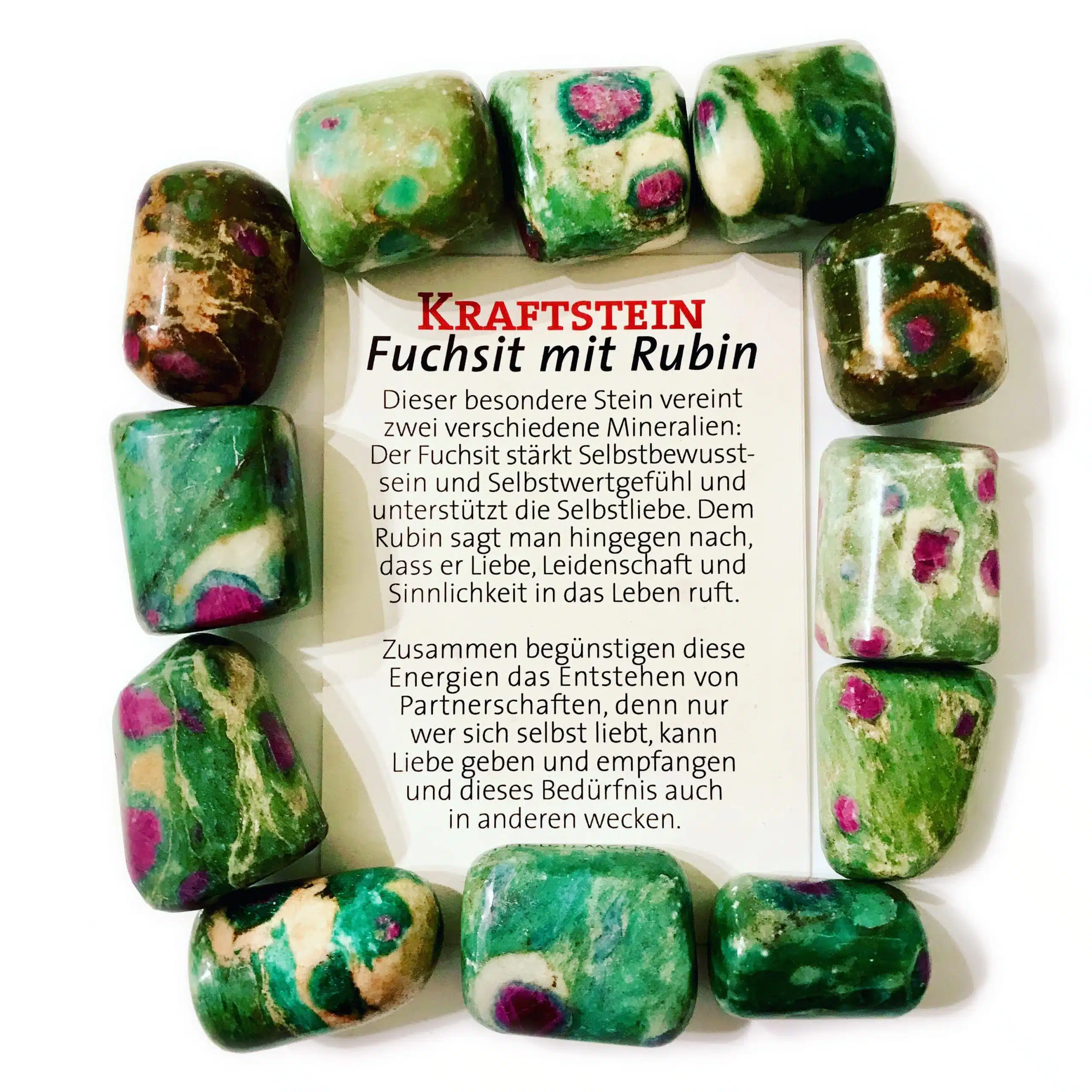 Fuchsit-Rubin mit Text
