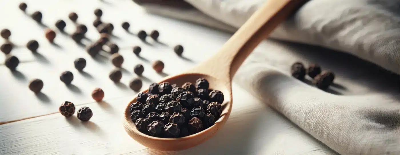 Pfefferkörner auf einem Löffel Pfefferkörner auf einem Löffel