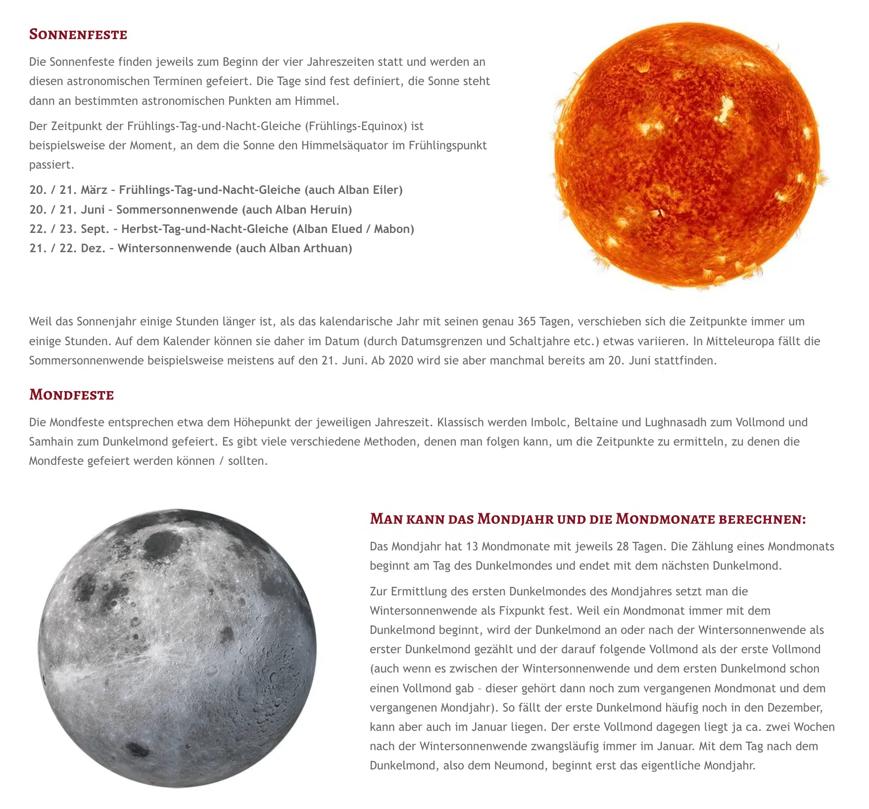 Jahreskreis-Feste – Übersicht Sonnenfeste und Mondfeste im Jahreskreis – variable Termine